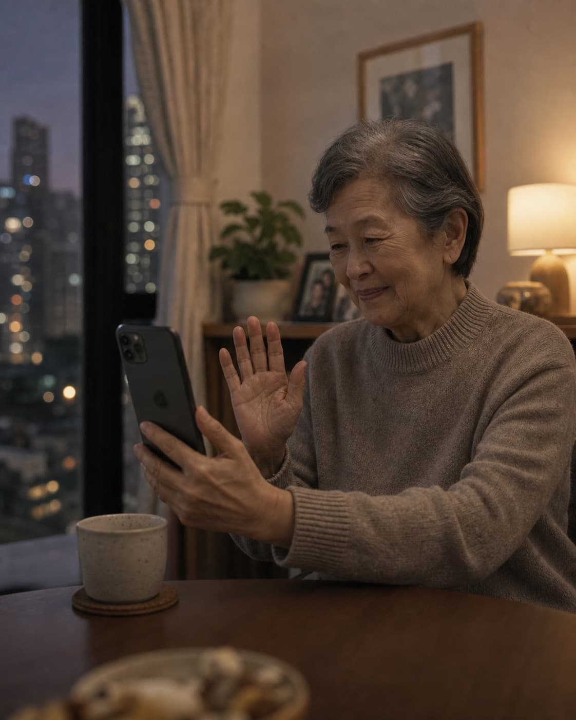 黃昏窗邊長者與家人視像通話