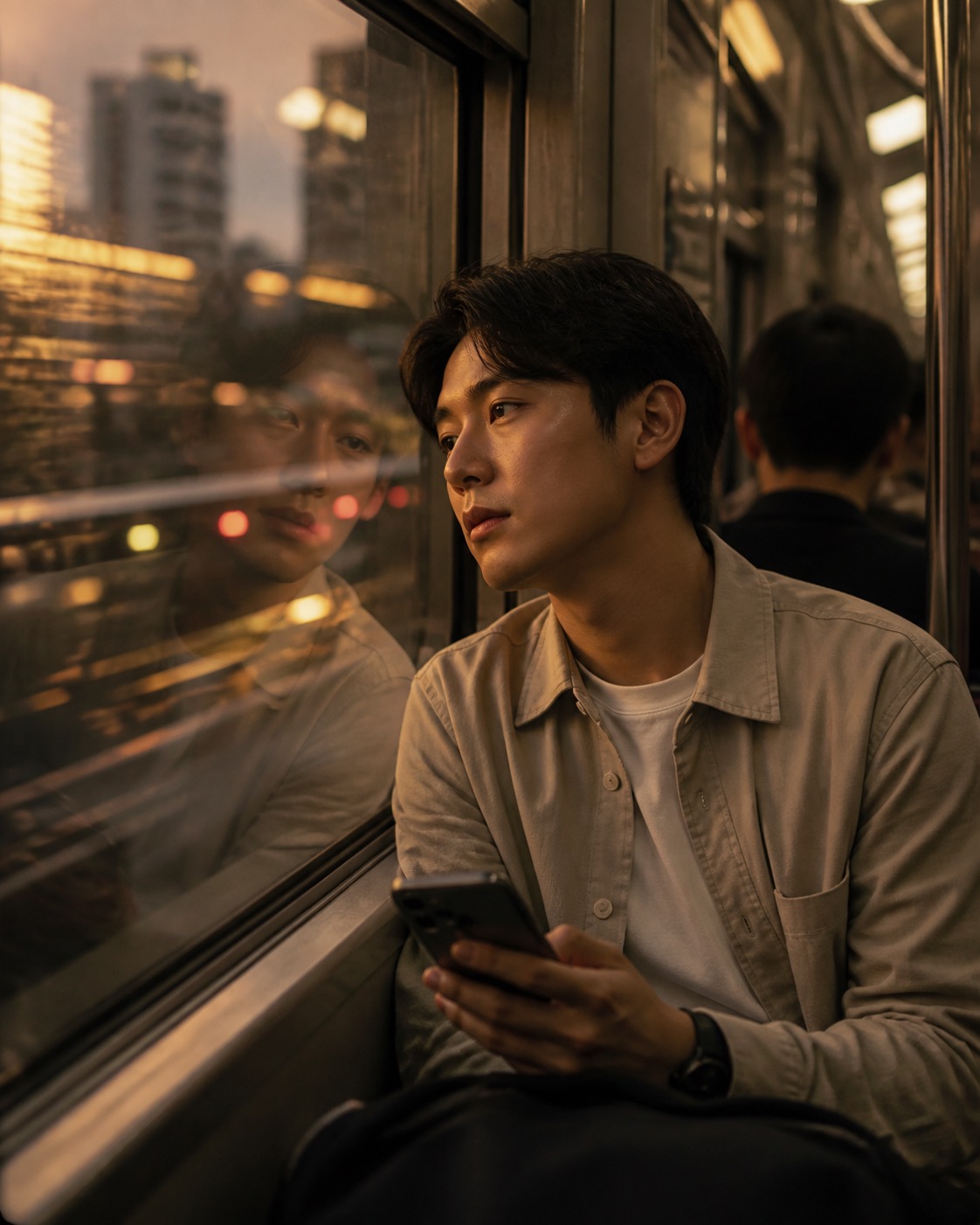 成年子女在香港下班路上望向車窗倒影